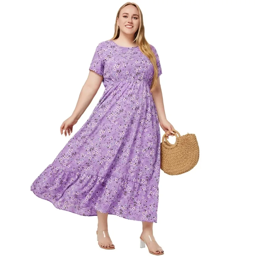 Plus Size Floral Print Short Sleeve O Neck Pockets Bohemian Summer Holiday Beach Dresses For Women