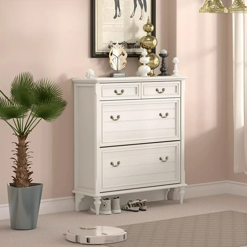 Pure solid wood 70-80-90 cm cream style American small apartment into the short door ultra-thin tipping bucket shoe cabinet