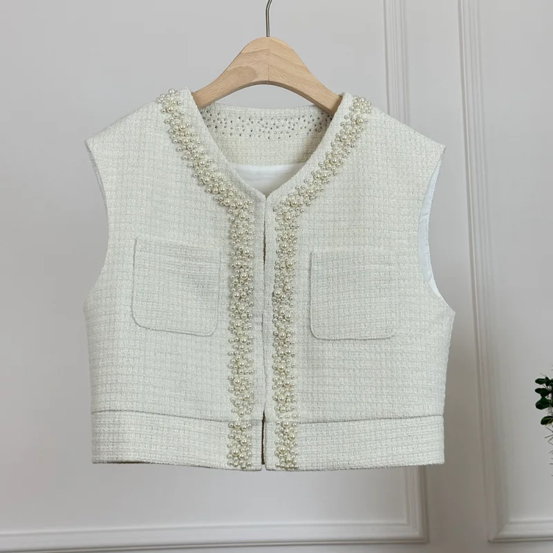 O Neck Beaded White Small Fragrant Vest Women Light Luxury Sweet Fashion Korea Chic Party Birthday Tweed Black Sleeveless Coat