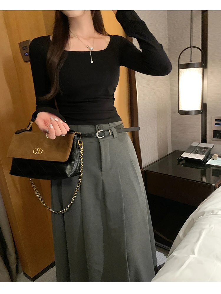 レディース ロングスリーブ Tシャツ 韓国風 ウエストシェイプ スクエアカラー プリーツベース おしゃれ ユニーク 美しいトップス