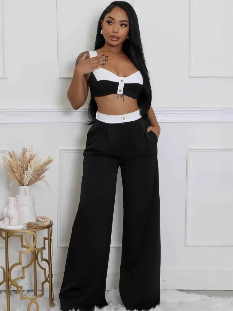 

2 Piece Women Set 2025 Spring Summer Black Sleeveless Tops And Pants Suits Outfits Fashion Matching Sets Outfit Tracksuits