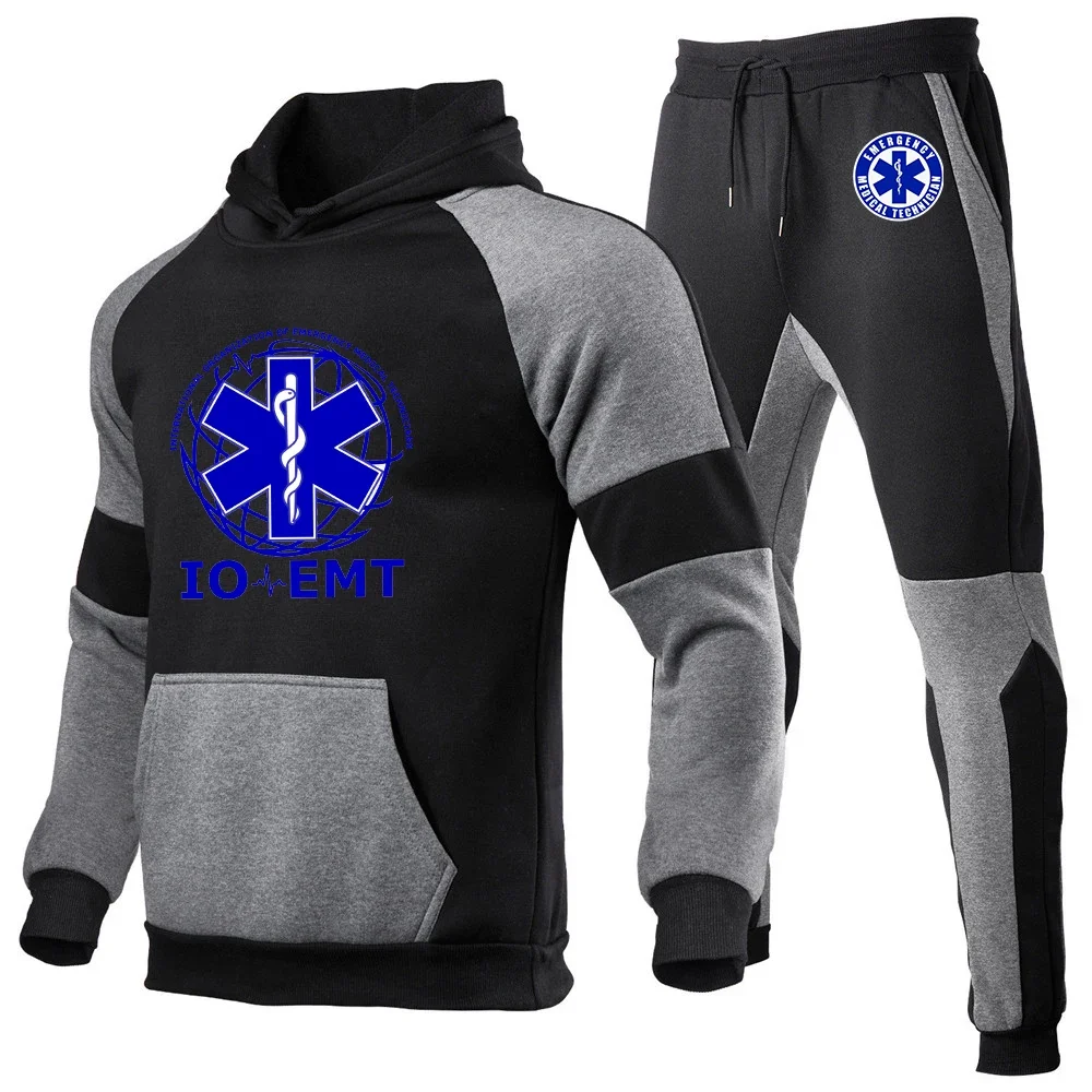 EMT Paramedic Emergency Medical 2023 New Men\'s Sportswear 2-piece sets Street Fashion fallow splice hoodie +trousers Suits