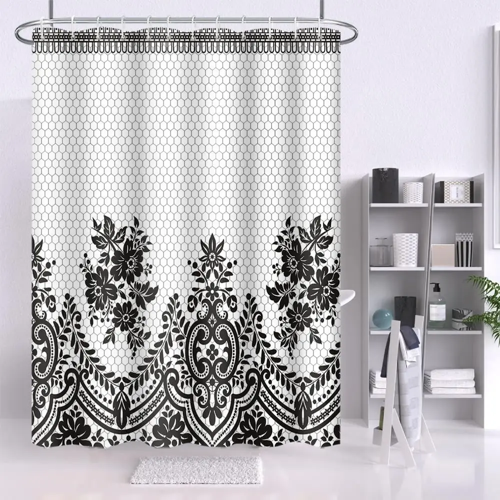 

Black White Floral Shower Curtain Lace Pattern Bathroom Decor Elegant Design Vintage Style Hexagon Background Bath AccessoryGift