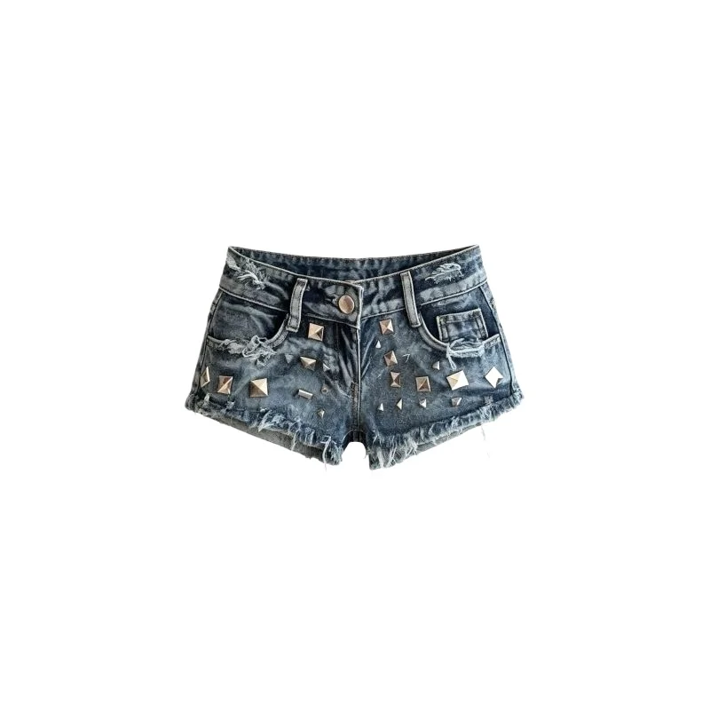 Vintage Rivet Low Waist Denim Shorts Women's Summer Spice Girls High Street Slim Skinny Buttocks Hot Pants