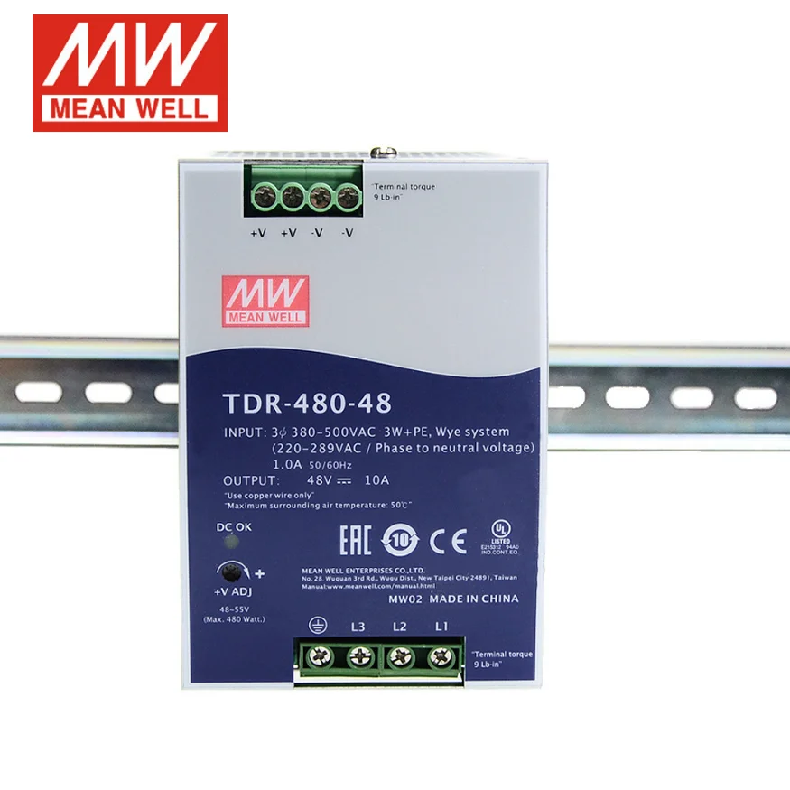 MEAN WELL TDR-480 Switching power Supply three-phase 380V to 24V/48V DC guide type drt 480W