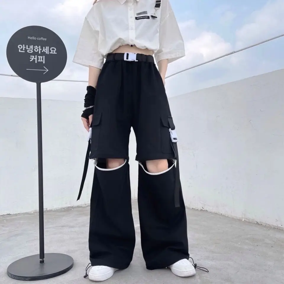 Detachable Y2K Unisex Men Pants Ribbons Zipper Knee 2 Ways Wear Male Pantalon Cargo Design Lovers CP Handsome Chic Streetwear