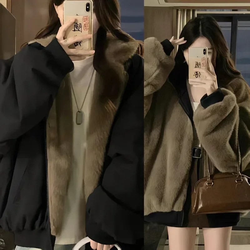 

Новинка 2023 года, женское пальто из искусственного меха, двусторонняя теплая зимняя куртка, женская свободная повседневная модная уличная одежда, верхняя одежда