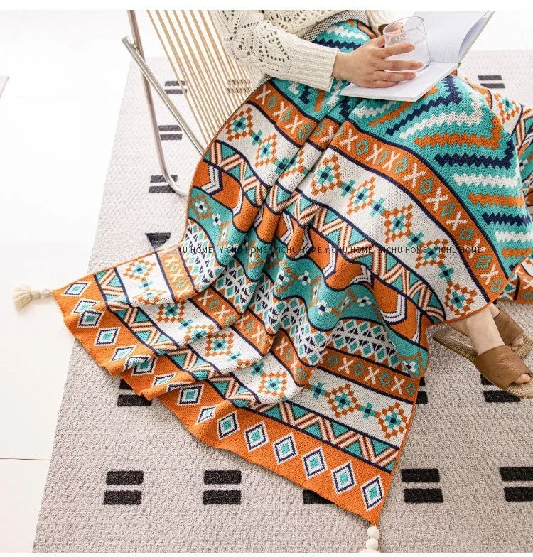 

Retro Bohemian Sofa Blanket Office Nap Thick Knitted Air Conditioning Blanket Single Shawl Small Cover Carpet