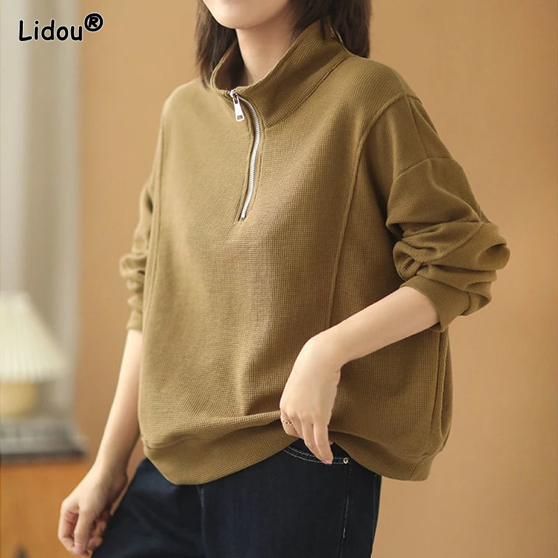 Waffle Zipper Sweater for Women in Spring and Autumn New Korean Version Loose Style Stand Collar Top Long Sleeve Cotton Material