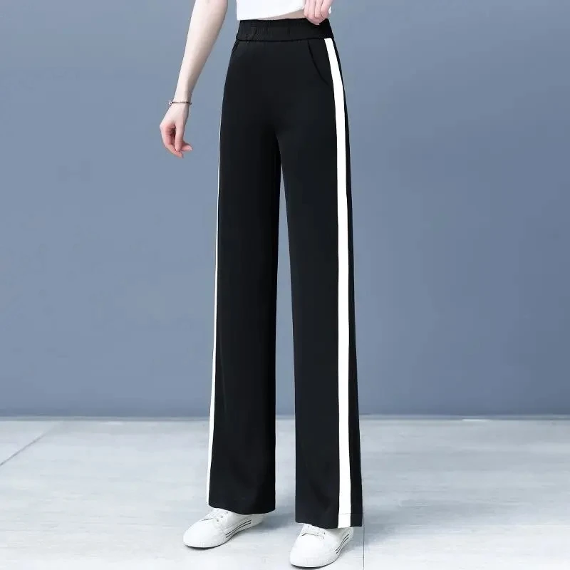 Extra-Large Size 150KG Summer Wide-leg Pants Women With High Waist Drooping Feeling Thin Side Striped Loose Casual Sweatpants