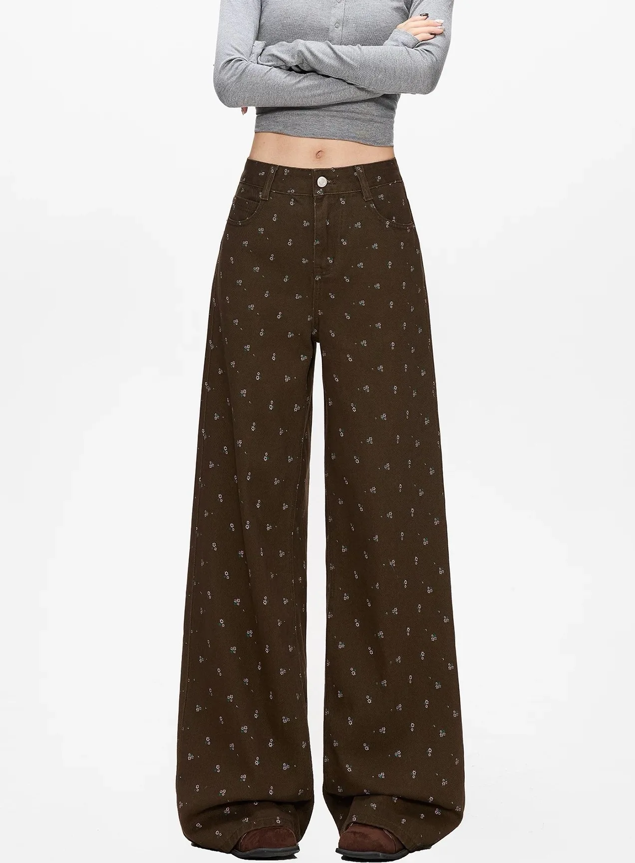 Y2K Wide Leg Jeans Floral Spring Design High Waisted Straight Leg Floor Pants for Women