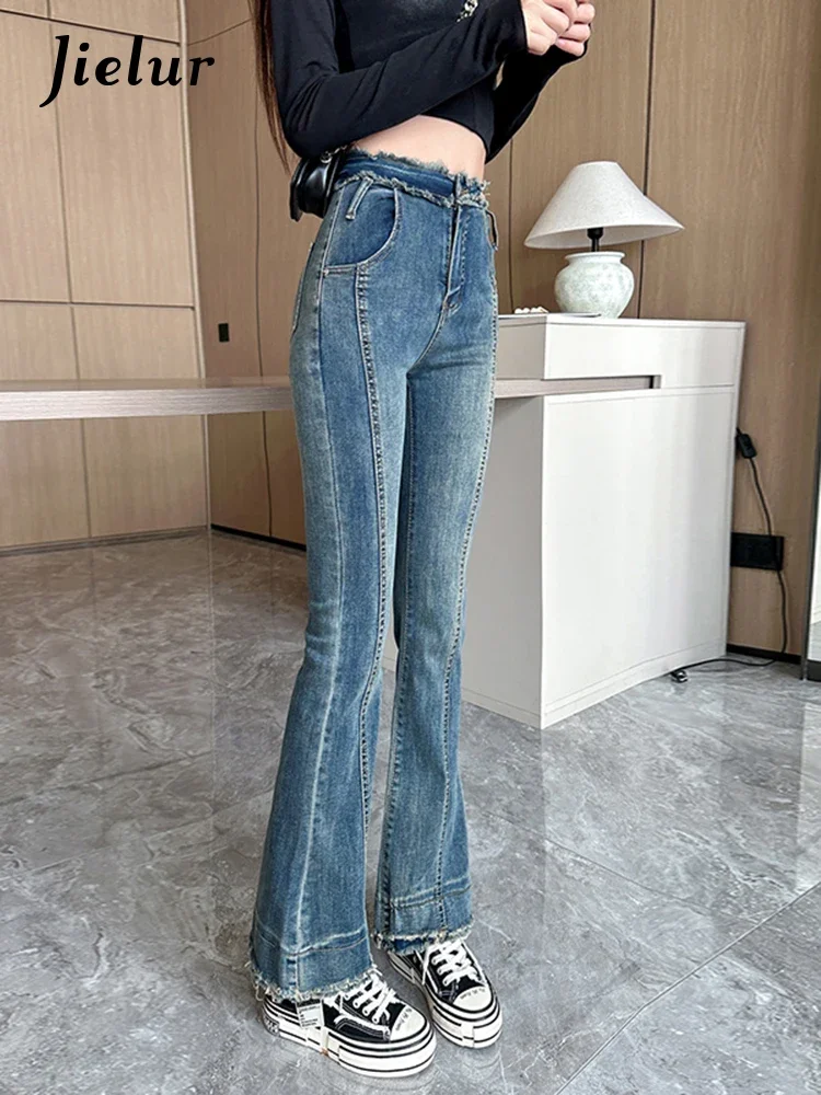 Jielur クラシックハイウエストフレアジーンズ女性ファッションレトロブルージーンズ女性の夏のカジュアル韓国スキニーデニムパンツ女性 Y2K