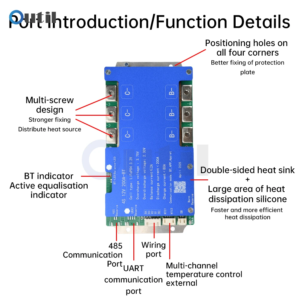 

4S 8S 100A 200A Lithium Battery Bluetooth BMS Supports 485/UART Communication Active Equalization Same Port