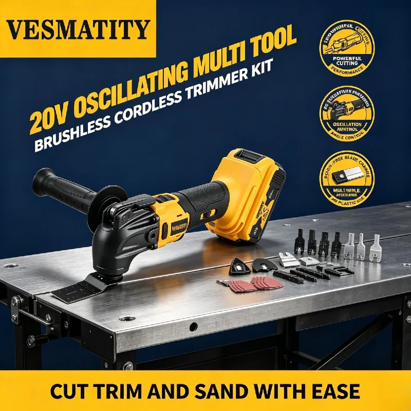 VESMATITY Oscillating Multi Tool 20V Brushless Cordless 5 Accessories Quick Change Kit Tool Free Blade Change for Cutting Wood