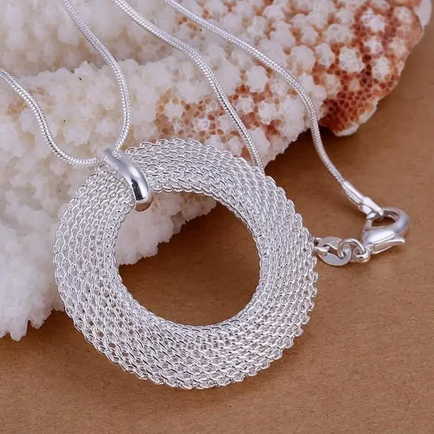 P054 Promotions Wedding Lady Beautiful Fashion Elegant 925 Sterling Silver Charm Round Mesh Girl Pendant Pretty Necklace Jewelry