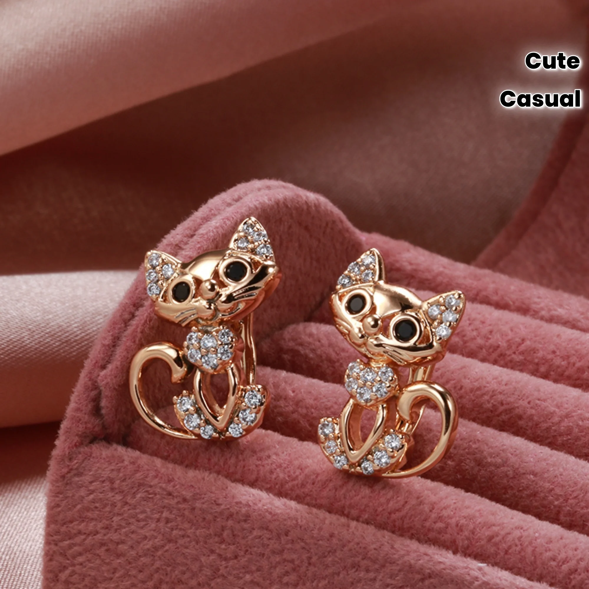 1 Pair Golden Cute Cat Earrings for Women - Micro Wax Inlay Synthetic Zirconia Studs, Copper Base with Golden Plating, Valentine's Day Birthday Party Jewelry, Casual Attire Dainty Earrings