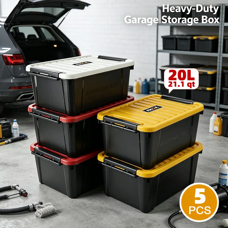 EKOA 20L/21QT Storage Bins,5Pack Heavy Duty Plastic Storage Containers with Lids, Stackable Bins with Secure Latches