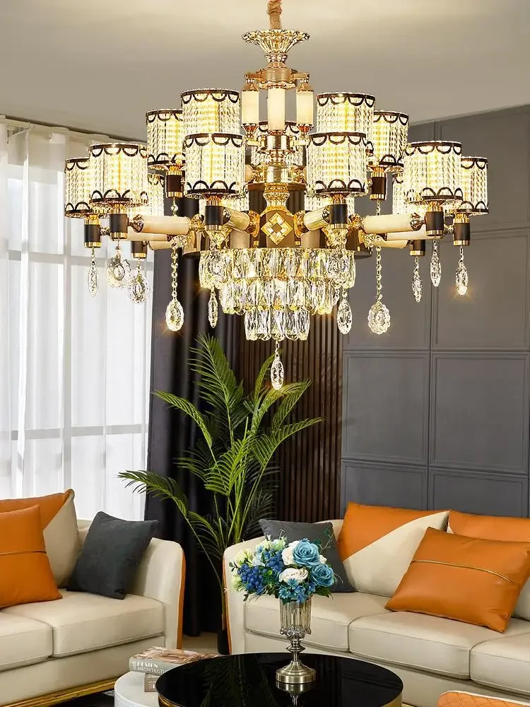 GHJUYIOL European style crystal chandelier, living room jade lamp, grand villa hall main lamp, high-end restaurant lighting