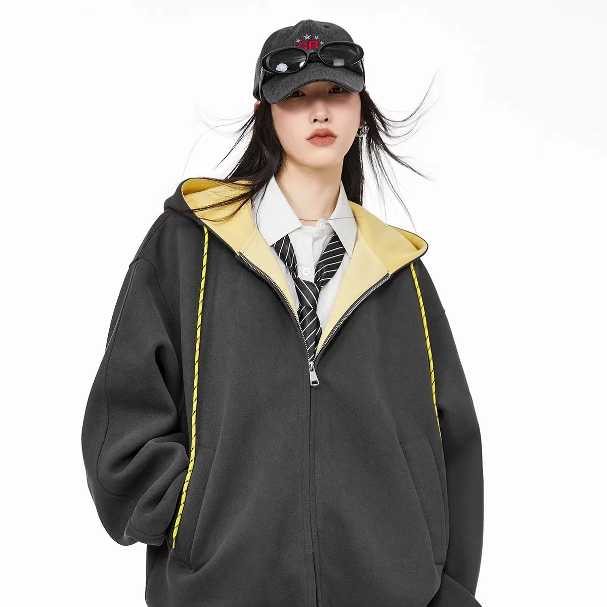 Retro Zipper Hooded Sweatshirt American Contrast Color Basic Student Style Loose Long Sleeve Versatile Spring Autumn Cardigan