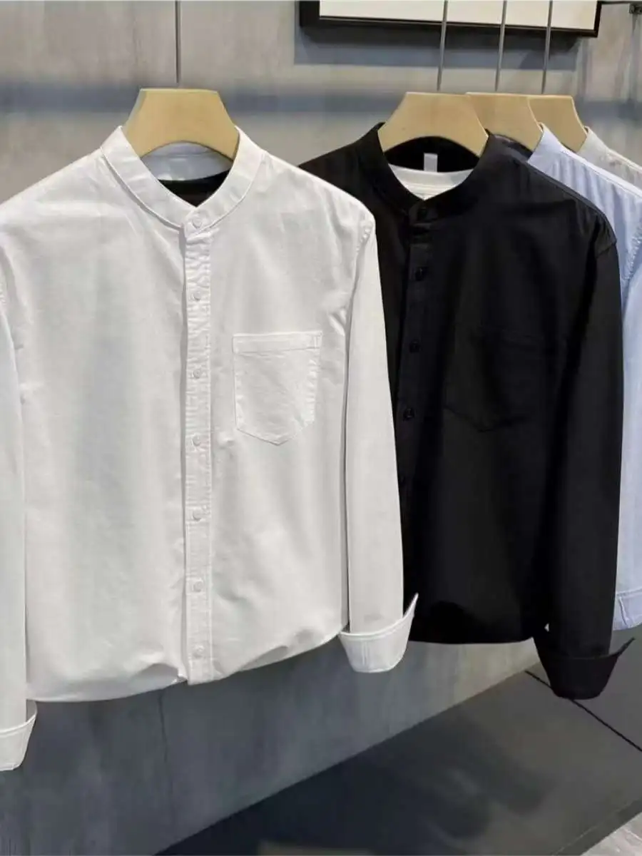 

Men's Oxford Cloth Shirt Long Sleeve Slim Fit Pure Color Plaid Collar Stand Collar Versatile Shirt Summer Fashion Casual Wear