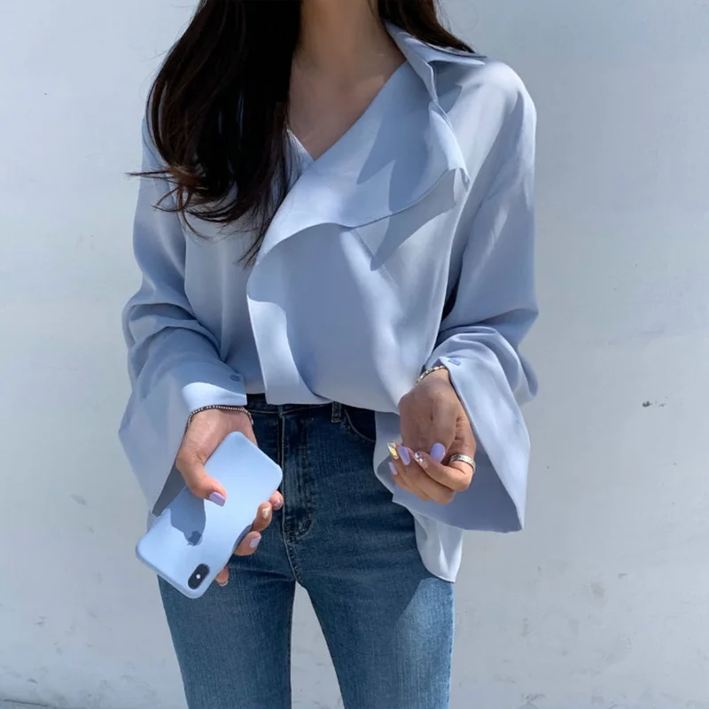 Ele Korean Sle Blue Long Sve irt เสื้อผ้าผู้หญิงแฟชั่นอเนกประสงค์สีขาวดีไซน์เก๋สำหรับวัยรุ่น