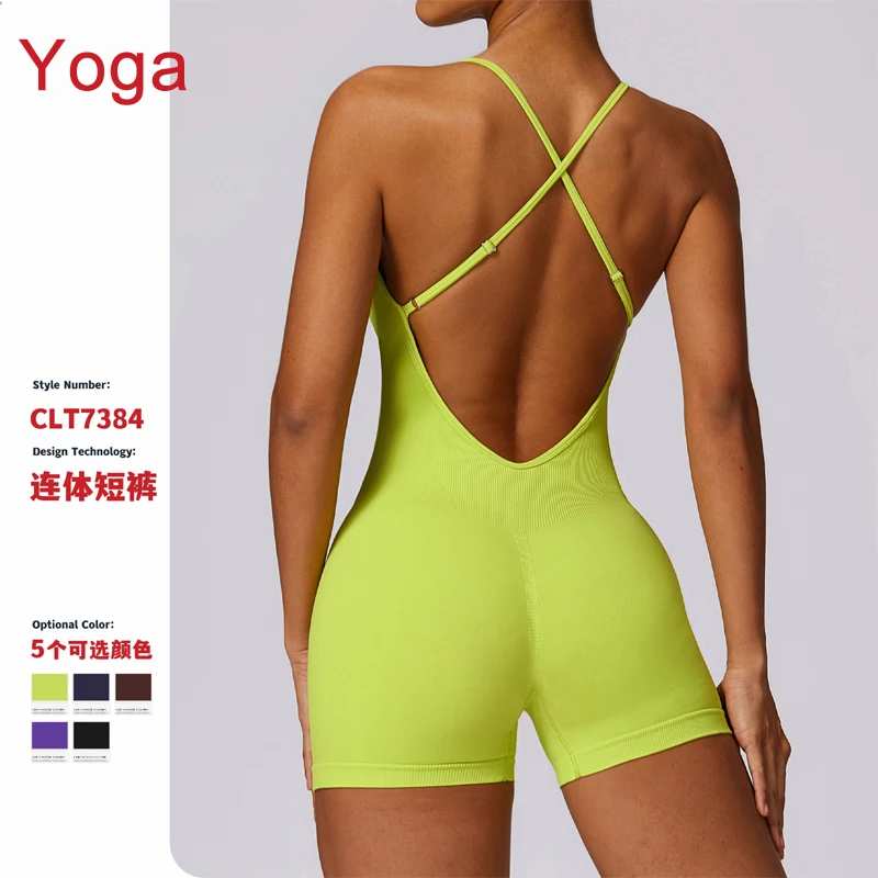 Fashion hollow back seamless yoga jumpsuit tight fitting hip lifting fitness jumpsuit for women