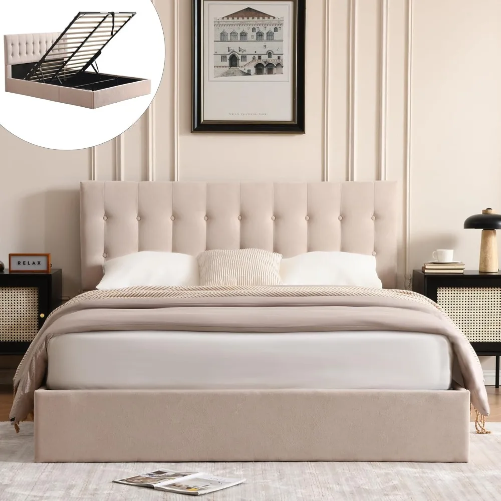 VELOCAVA Full Size Lift-Up Storage Bed, Upholstered Platform Bed Frame Linen-Textured Light Khaki, Ample Under-Bed Storage, Butt