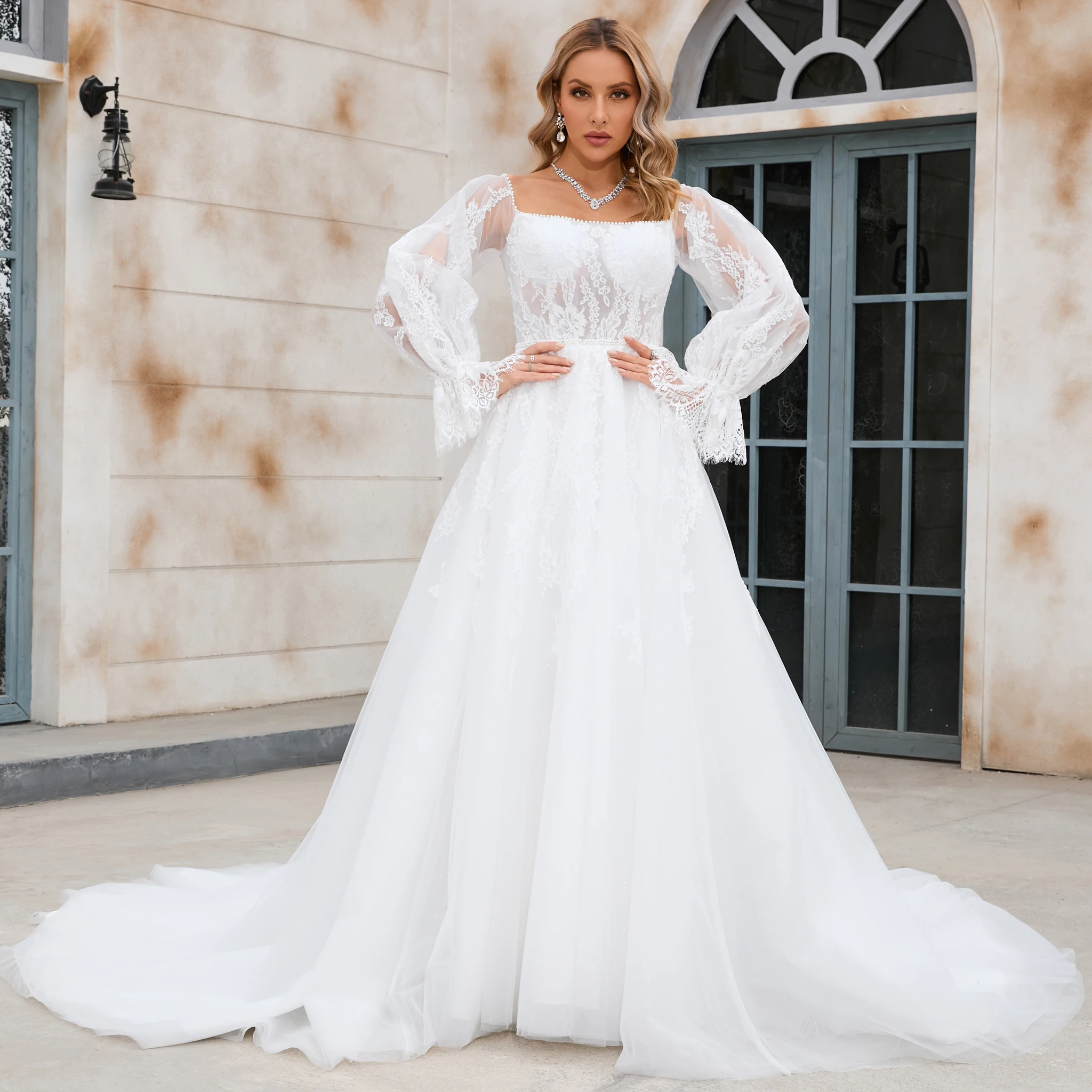 Rosymae off-the-shoulder gezwollen trouwjurk met lange mouwen, bruidsjurk