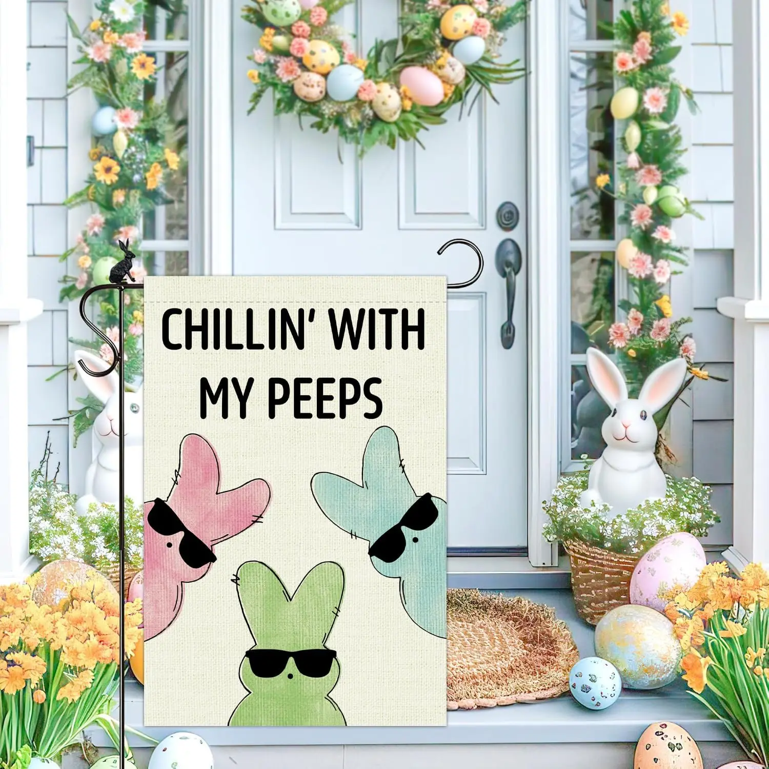 Easter Garden Flag 12 x 18 Inch Funny Sunglasses Bunny Double Sided Chillin' With My Pepes Yard Sign Outside Farmhouse H YYD EEZ