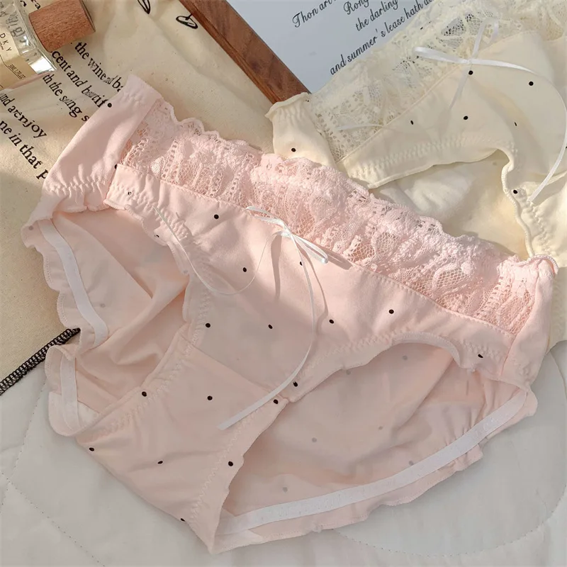 10A Antibacterial Pure Cotton Women's Full Cotton Triangle Panties with Hollow Lace Mid-Waist Underwear for Ladies