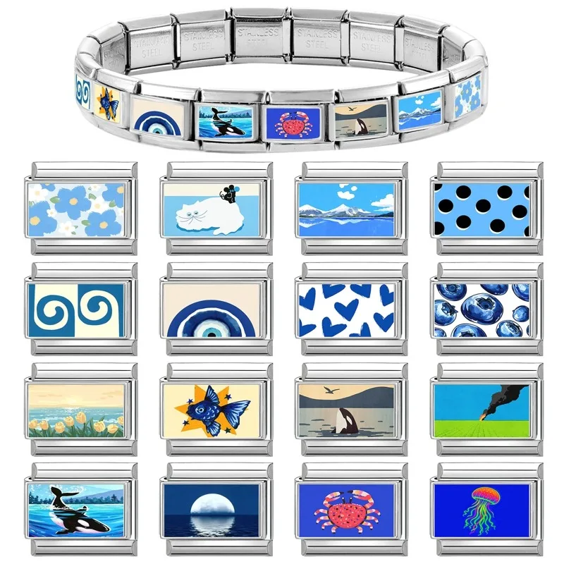 Fashion Blue Series Cartoon Shark Sea Seagull Crab Italian Charm Links Fit 9mm Stainless Steel Bracelet Jewelry DIY Making Beads