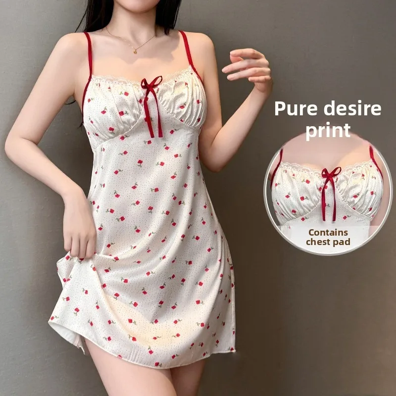 Women's Floral Print Sleep Dress Nightgown with Padded Bra Cool Silk Straps Summer Nightwear Loungewear Home Dress Fashion