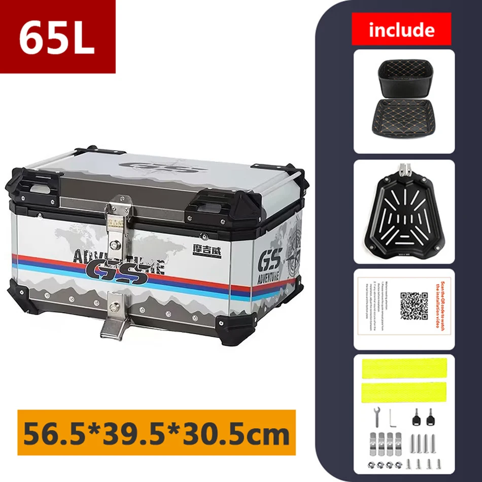 Caja superior de aluminio para motocicleta, maletero trasero Universal, gran capacidad, almacenamiento de equipaje de viaje, 65L