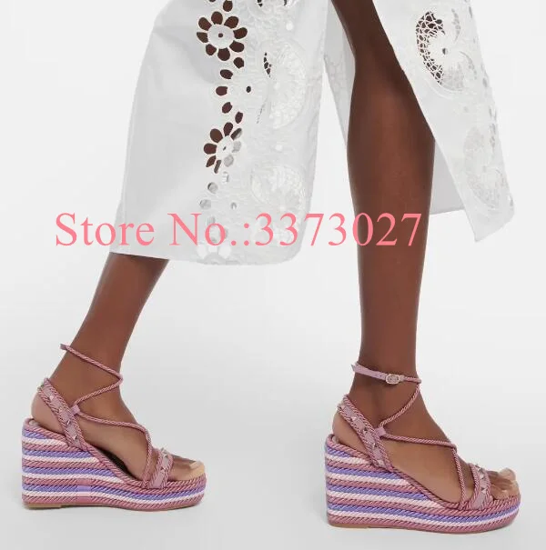 Pink Color Ropes Lady Sandals New Design Mixed Color Rivets Wedge Shoes Woman Fashion Spikes Platform Sandals Dropship