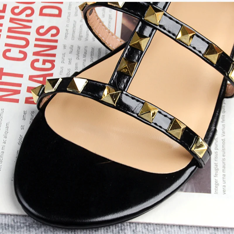 Lady Gladiator Studs Sandals With Buckle Strap Cut-outs Shoes Summer Open Toe American Style Larger Size 35-43 Beige Black White