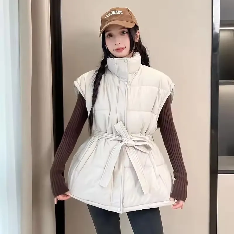 

2025 Autumn Winter Women's Cotton Vest Jacket Casual Ladies Waistcoat Temperament Korean Soild Warm Sleeveless Outwear With Belt