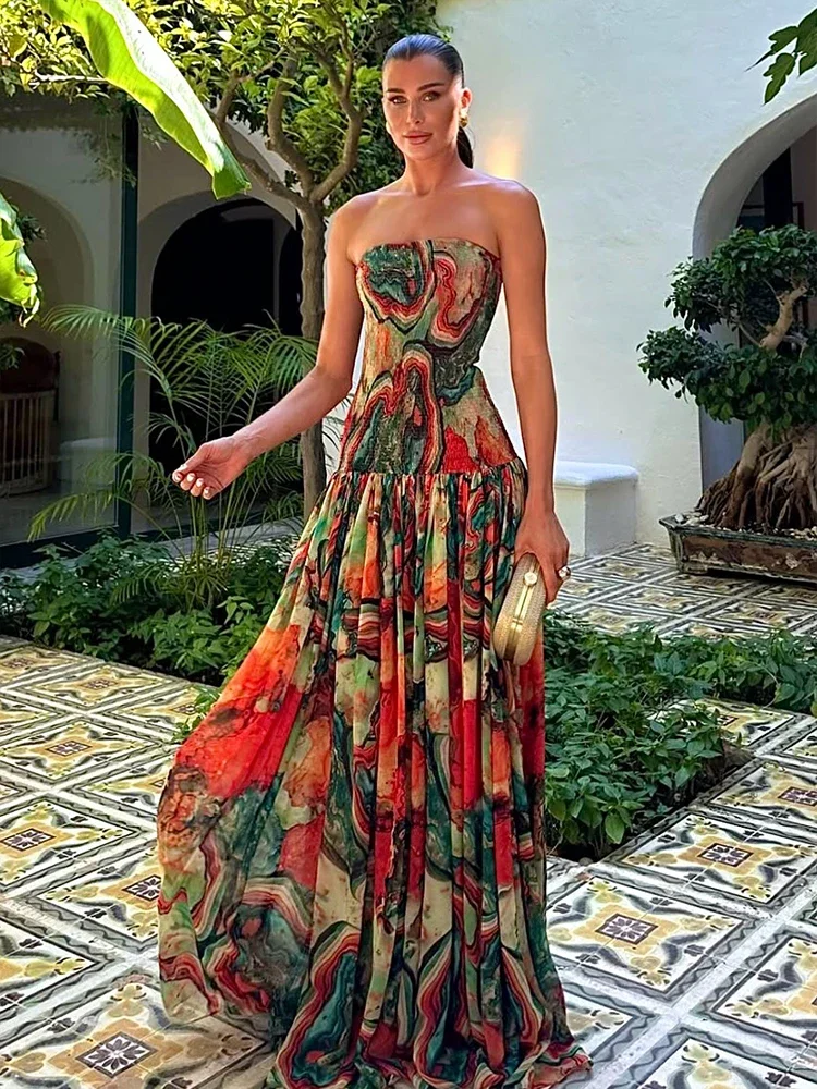 Women's Colorful Casual Long Dress Sexy Strapless Pleated Maxi Dresses Evening Party Wedding Guest Summer 2026 Female Clothing