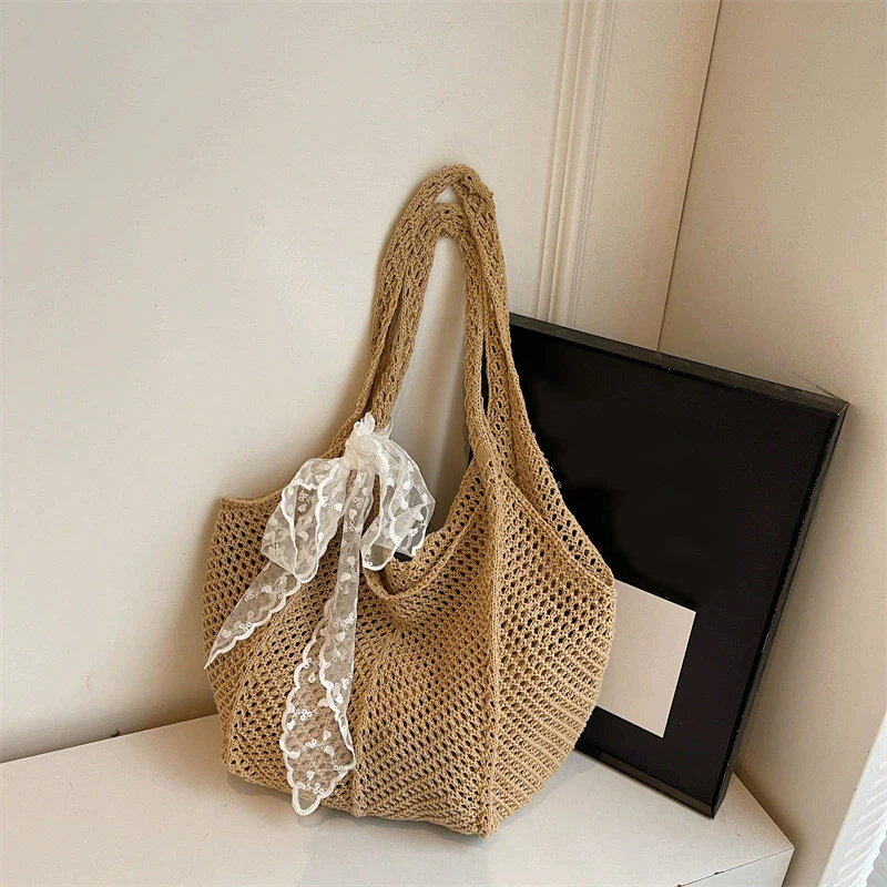 

Casual Commuting Tote Bag Large Capacity Hand Woven Women Shoulder Bag Summer Lazy Style Vacation Beach Bag
