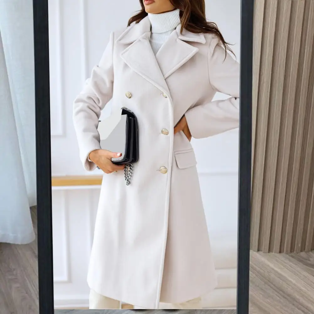 2025 Women Winter Overcoat Turn-down Collar Pockets Pure Color Double-breasted Cardigan Thermal Women Formal Long Commuting Coat
