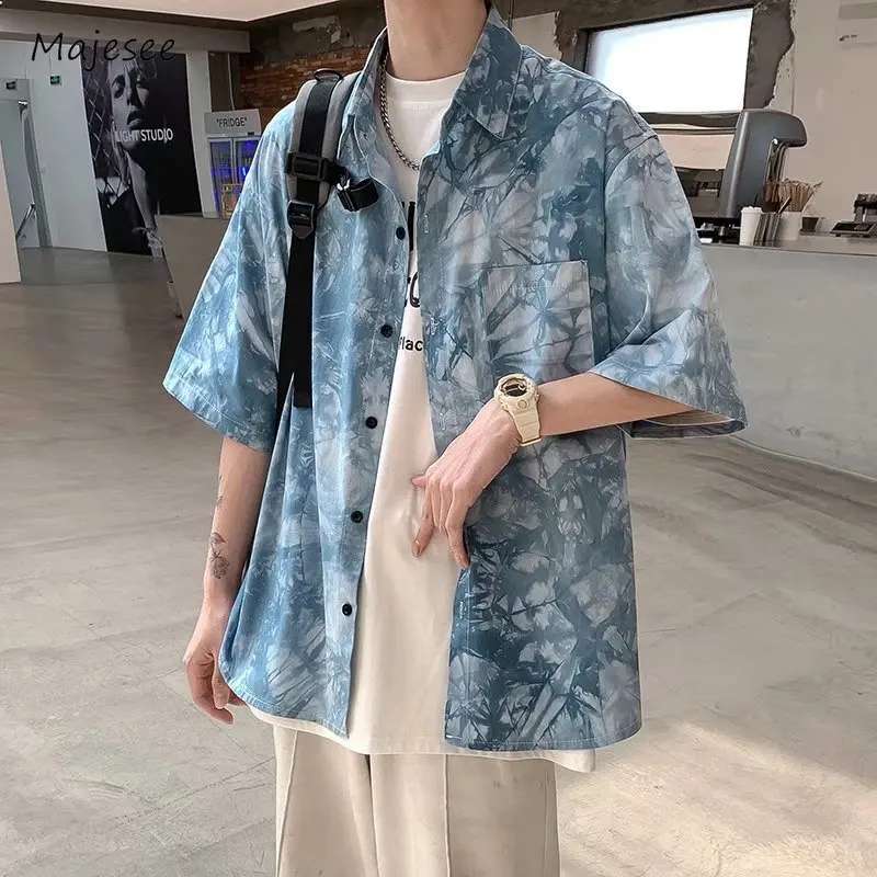 Tie-dye Shirts Men Baggy Half Sleeve Turn-down Collar Cozy Summer Leisure Korean Style Handsome Advanced Aesthetic Prevalent