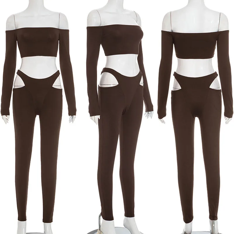 Doyerl sexy conjunto de duas peças feminino y2k roupas clube festa slash neck manga longa colheita topo e oco para fora calças lápis conjuntos combinando