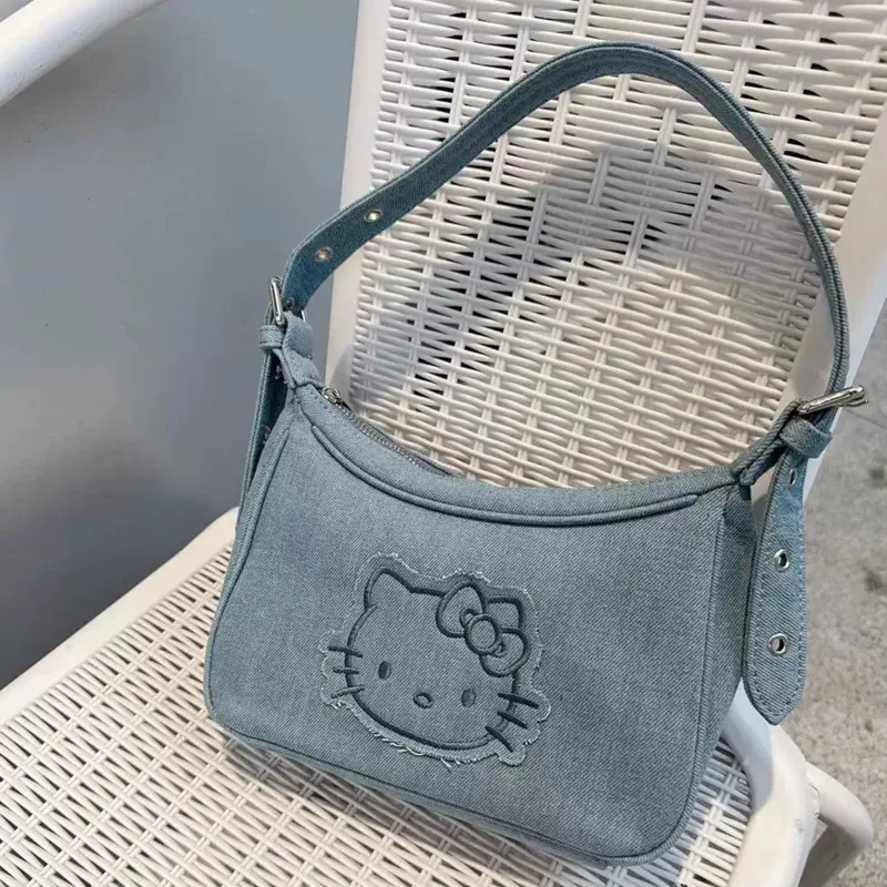 Miniso Hellokitty Retro Denim torby pod pachami haft kreskówka kwadratowa Y2K torby na ramię zamek śliczne torebki dla kobiet dziewczyna prezent