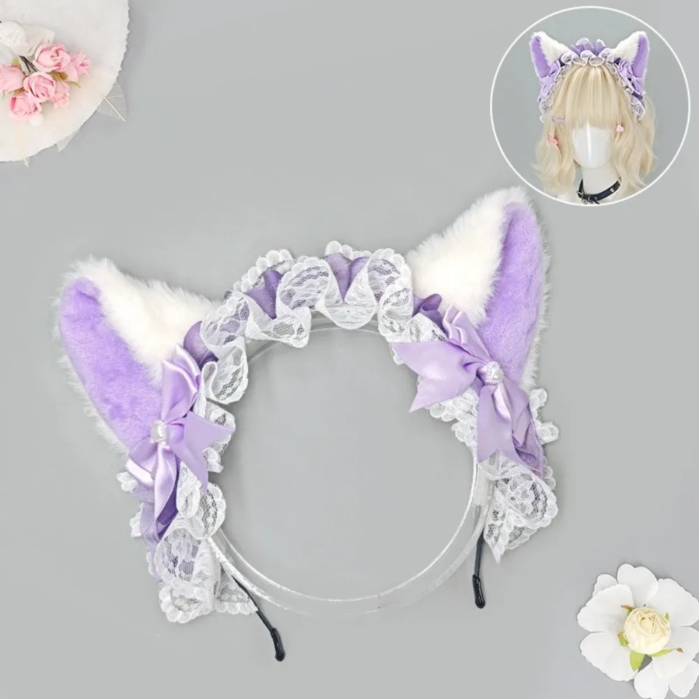 New Lolita Cat Ear Headband Handmade Furry Hair Band Bow Lace Simulation Animal Ears Hairband Girls
