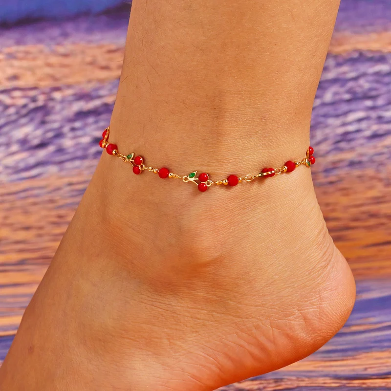 Czerwone bransoletki na kostkę z zawieszkami w kształcie wiśni dla kobiet, vintage boho, cyrkonia, serce, kwiat, łańcuszek na nogę, biżuteria na plażę, prezenty.