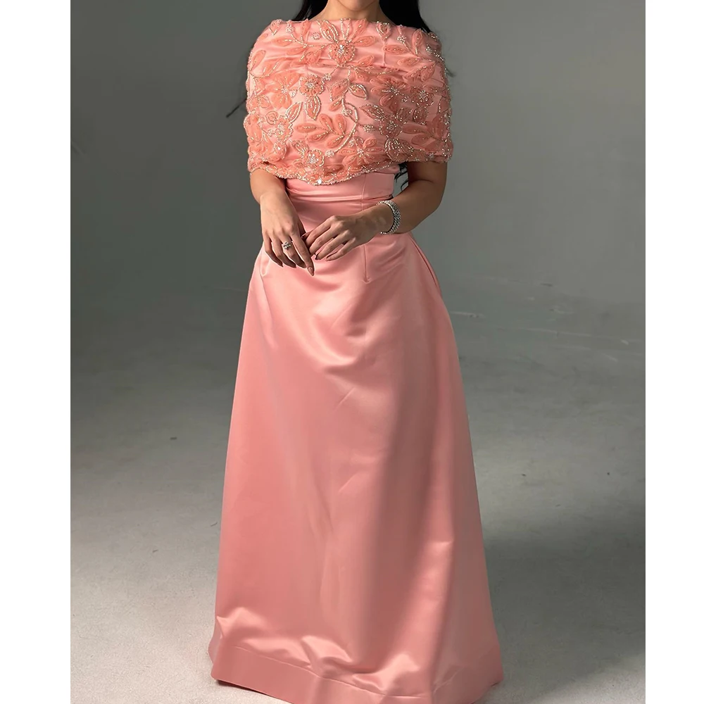 

Customized Satin A-Line Off the Shoulder Appliques and Crystal Evening Dress Half Sleeves Floor Length Panel Train Lux