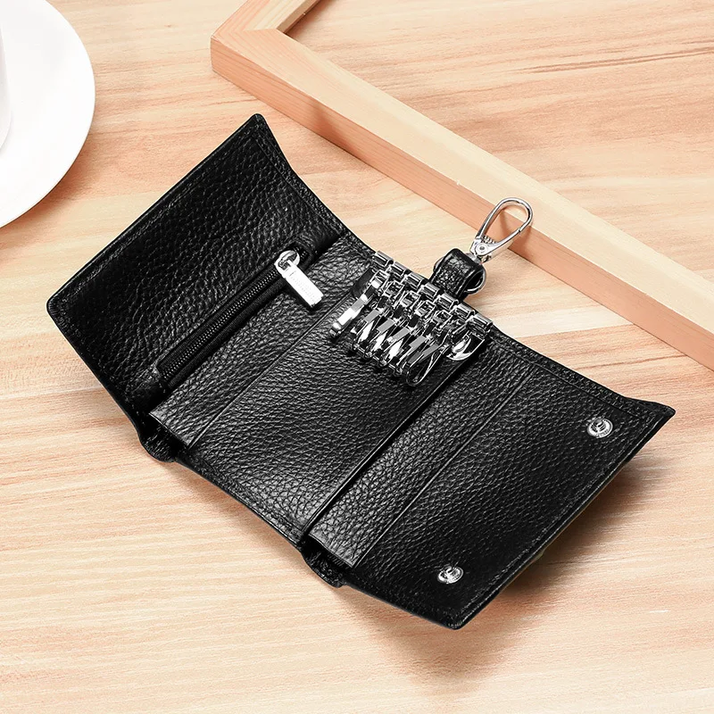 Cartera de cuero genuino Unisex, organizador sólido para llaves, bolso para ama de llaves de coche, tarjetero