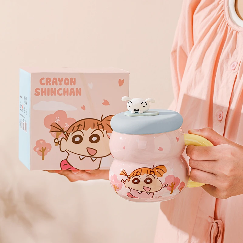 530 Ml Cute Crayon Shin Chan Ceramic Gourd Mug Large Capacity Office Breakfast Milk Coffee Cup with Lid Household Birthday Gift