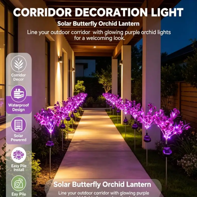 Solar Orchid Bouquet Garden Lamp Purple LED Floral Branch Stake Light for Outdoor Lawn Pathway Patio Courtyard Landscape Decor