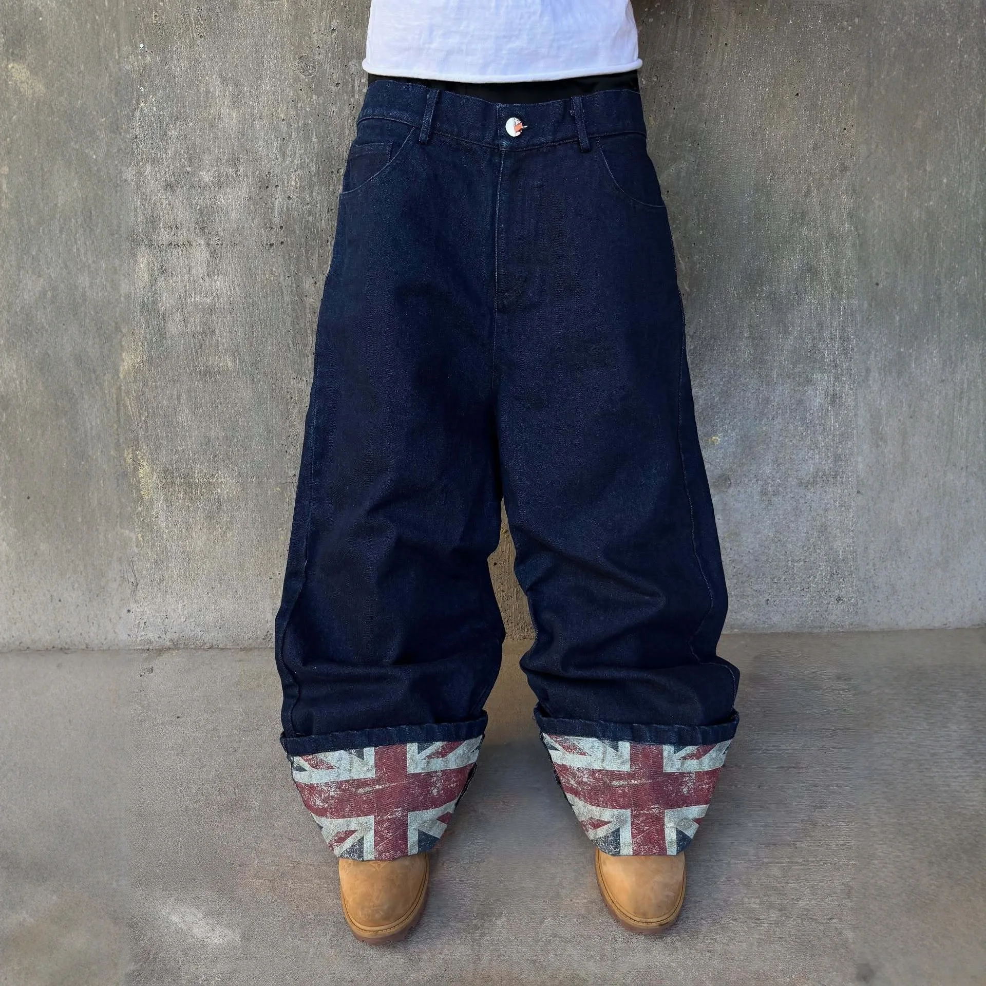 Y2K High Street Loose Fit Straight Leg Jeans Men's Printed Cuffed Denim Pants Trendy Youthful Style mid Waist Zipper Closure