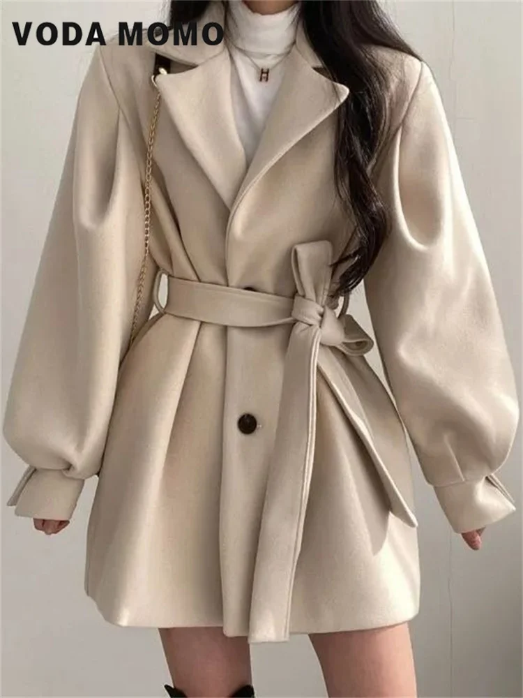 

Elegant Fashion Autumn Winter Button Outwear Women Solid Coat Slim Fit Belt Coats Female Warm Thicker Lapel Collar Office Lady